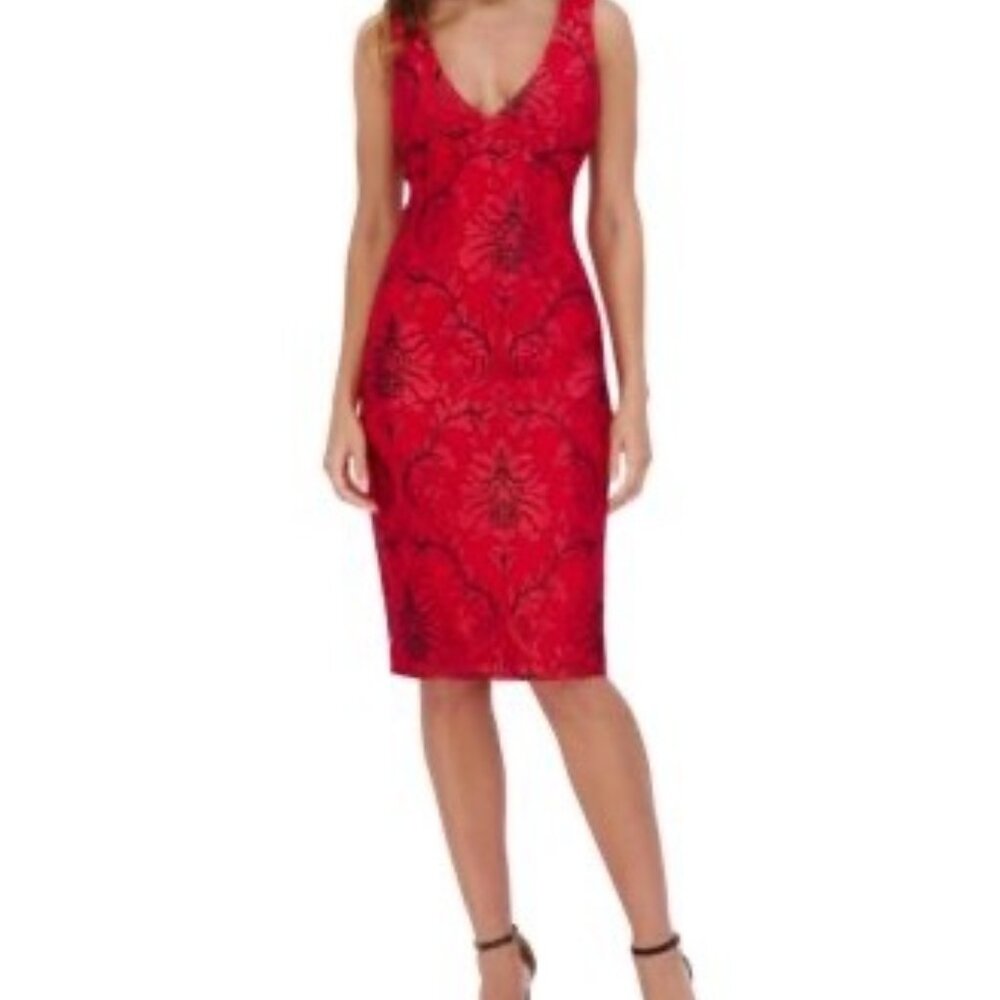 Red & Black Damask Floral Pattern Sleeveless V-Neck Midi Dress By Siena